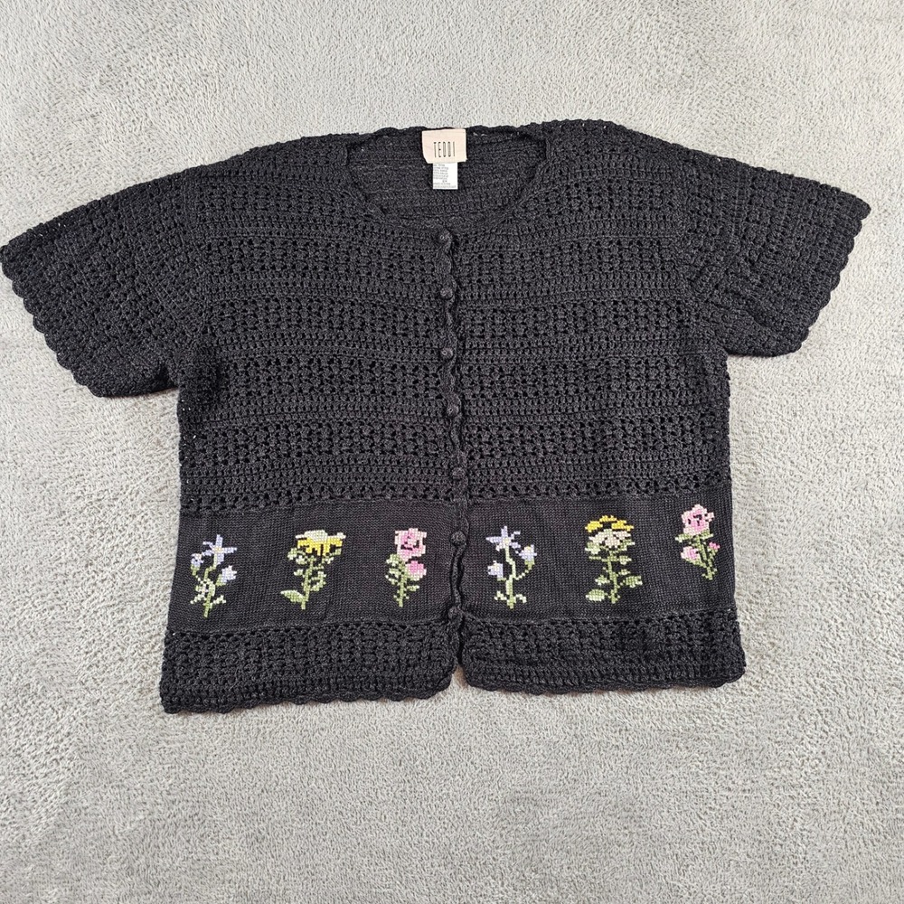 Teddi Black Crochet Knit Floral Embroidered Button Front Sweater 2X Vintage